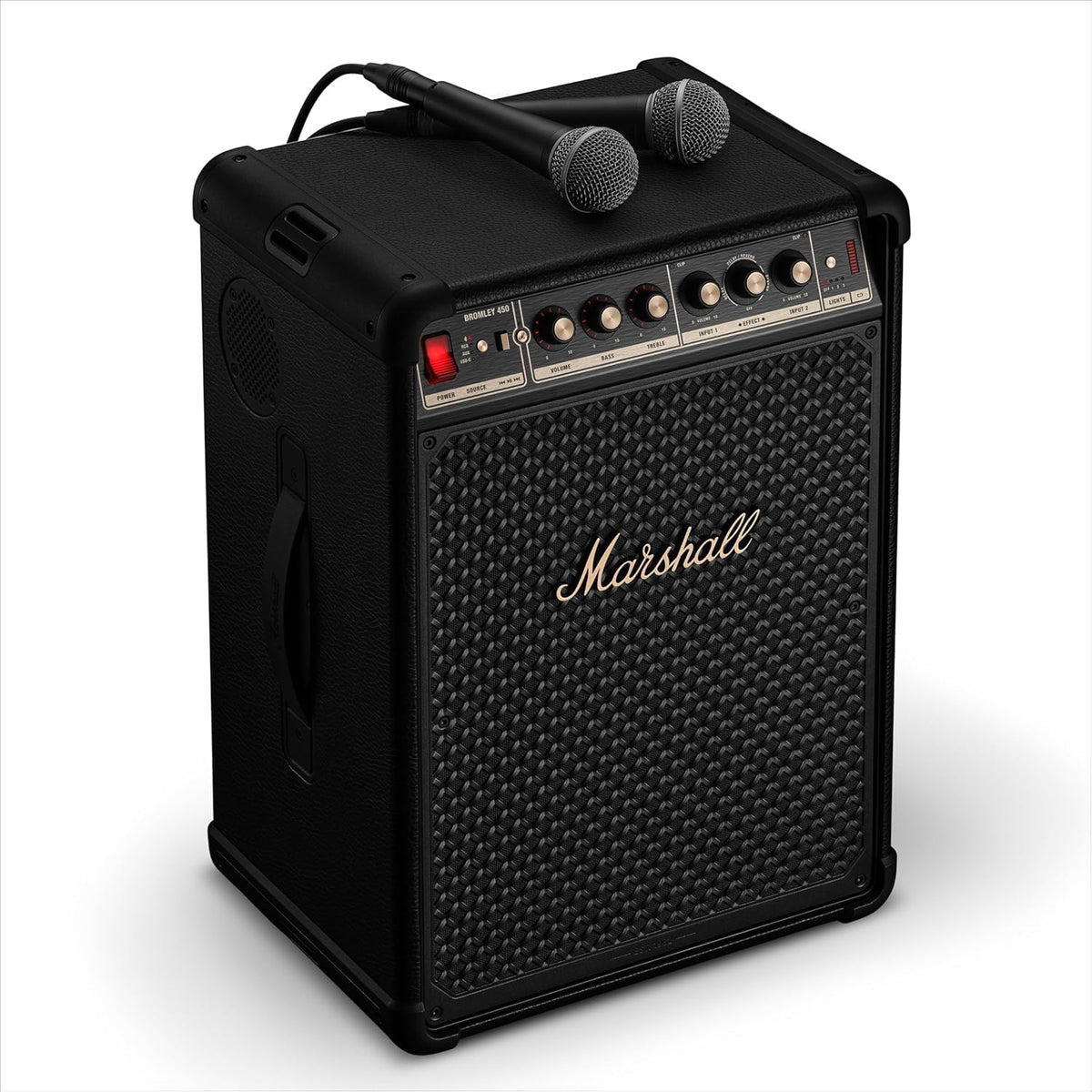 Marshall Bromley 450 Portable Party Speaker - Loud 360° Sound with Bass EQ Controls | 40+ Hours Playtime | Bluetooth, 3.5 mm AUX, RCA, Microphone, Instrument Inputs | LED Lights - Black and Brass Marshall