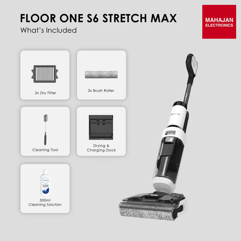 Tineco Floor One S6 Stretch Max Cordless Wet Dry Vacuum Cleaner, 180°Lay-Flat Smart Vacuum Mop, 45 Minutes Long Runtime 158℉ Flashdry Self-Cleaning Tineco