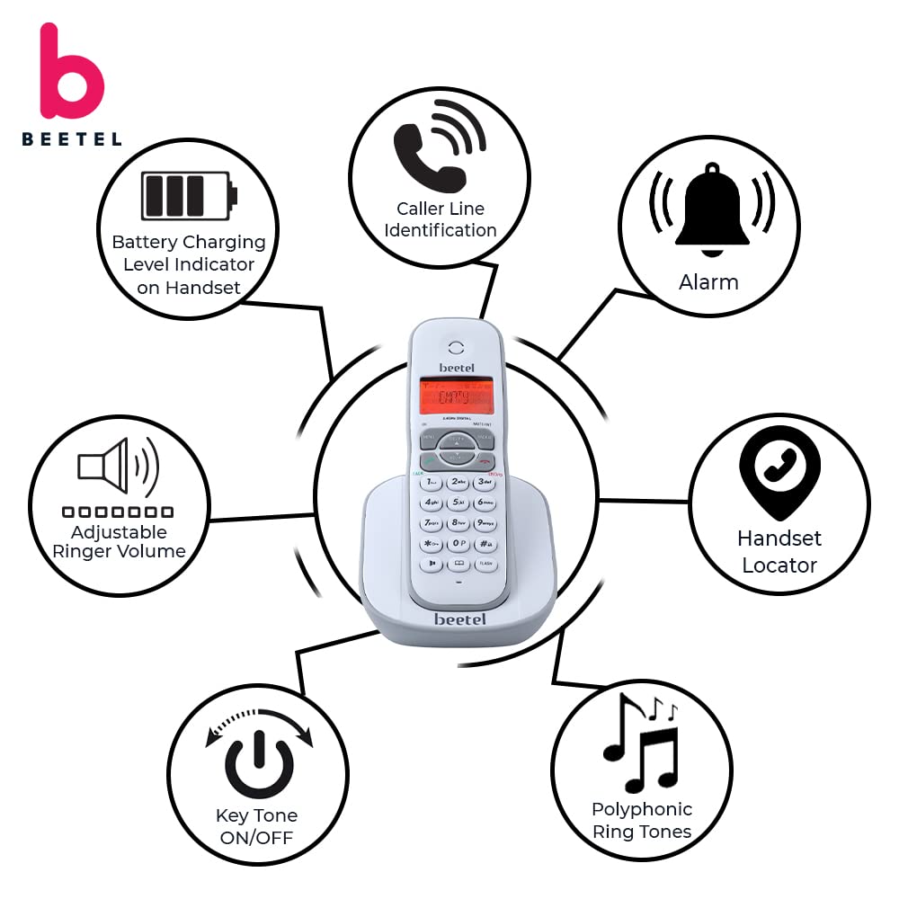 Beetel X73 Cordless 2.4Ghz Landline Phone with Caller ID Display, 2-Way Speaker Phone with Volume Controls, Auto Answer, Alarm Function, Stylish Design (Grey/White)(X73) - Mahajan Electronics Online