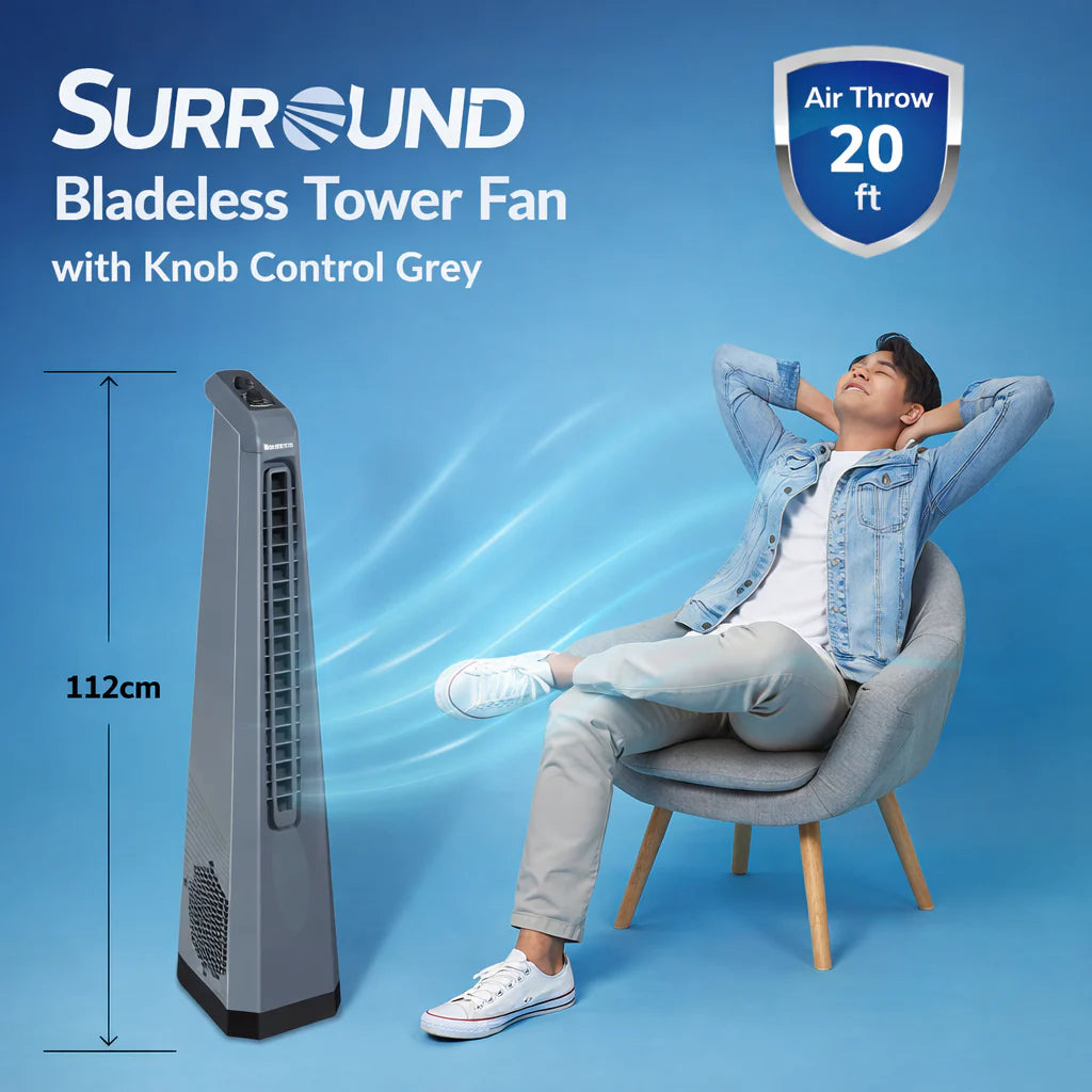 Symphony Surround Sr. Bladeless Tower Fan for Room | 90 Degree Swivel Action, Knob Control Panel | Low Power Consumption | Removable Dust Filter For Clean | 1 Year Warranty | Grey AFNTf03 Symphony