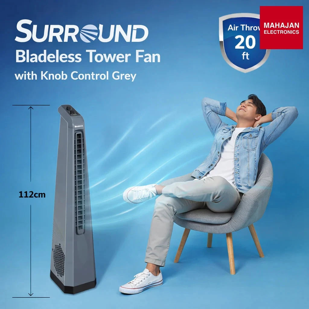 Symphony Surround Sr AFNTF023 Bladeless Tower Fan with 90 Degree Swivel, Knob Control & Removable Dust Filter (Grey) โ Mahajan Electronics Online.