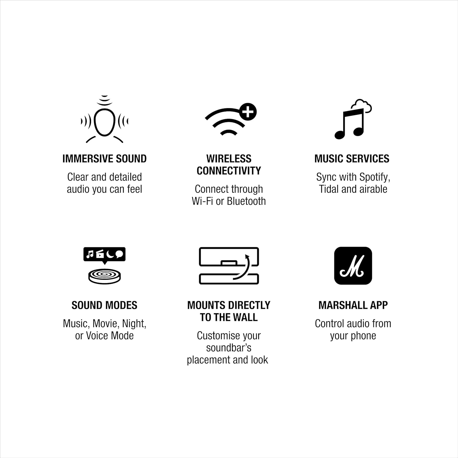 Marshall Heston 60 soundbar with Dolby Atmos & DTS:X, Wired & Wireless Subwoofer Connectivity – Dual HDMI, RCA, Bluetooth, WiFi, Google Cast, Spotify, Airplay2 Mahajan Electronics Online