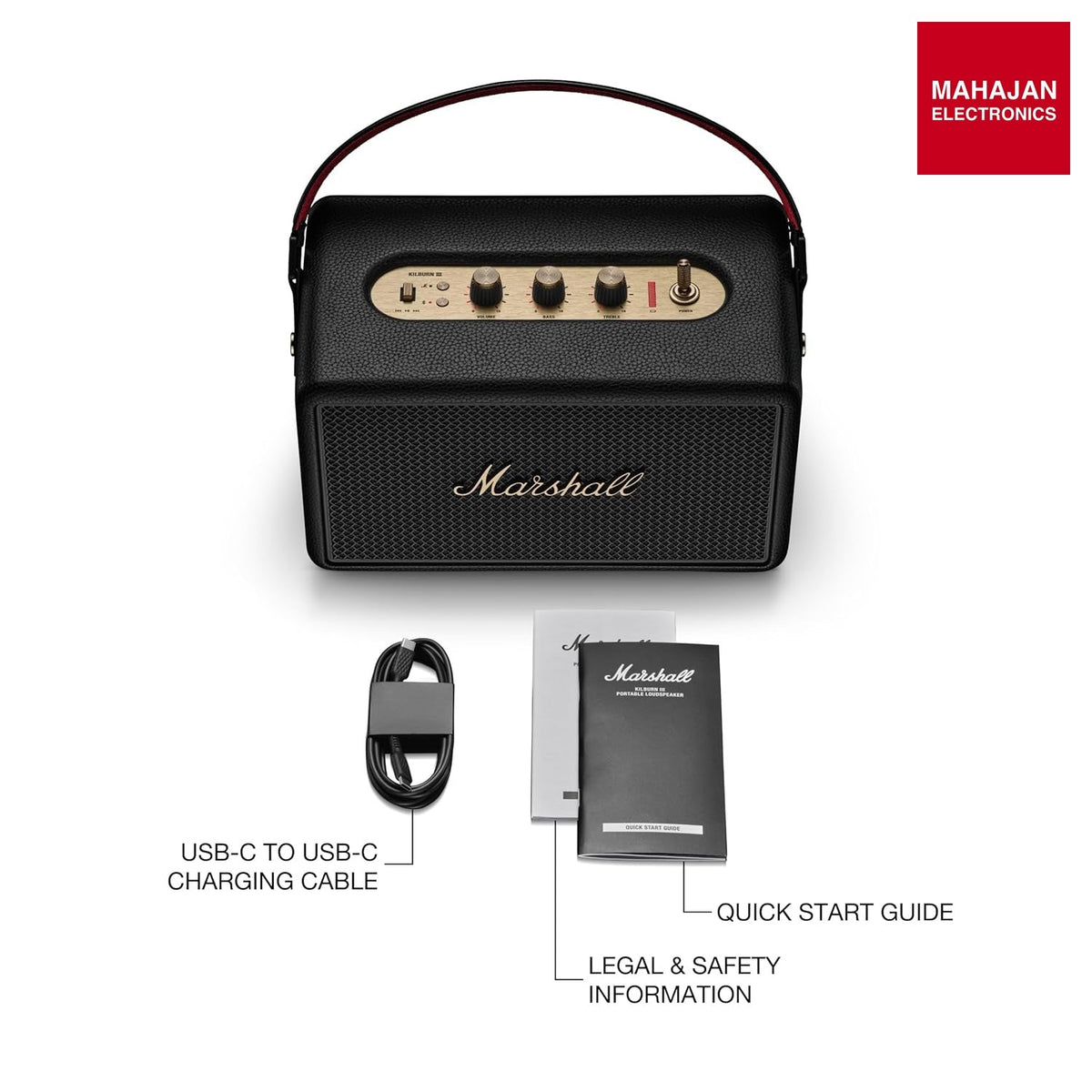 Marshall Kilburn III Portable Bluetooth Speaker with 50+ Hours of Portable Playtime, (360° Sound), Dust & Water-Resistant (IP54) – Black & Brass – Mahajan Electronics Online.