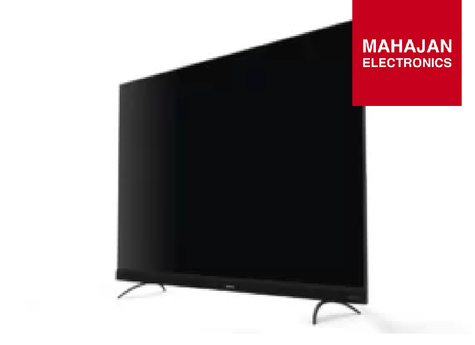 Black flat-screen TV on a white background with Mahajan Electronics logo.