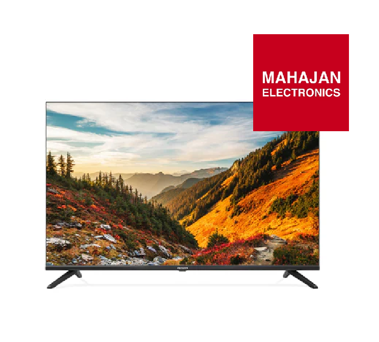 TV displaying a mountain landscape with Mahajan Electronics logo above