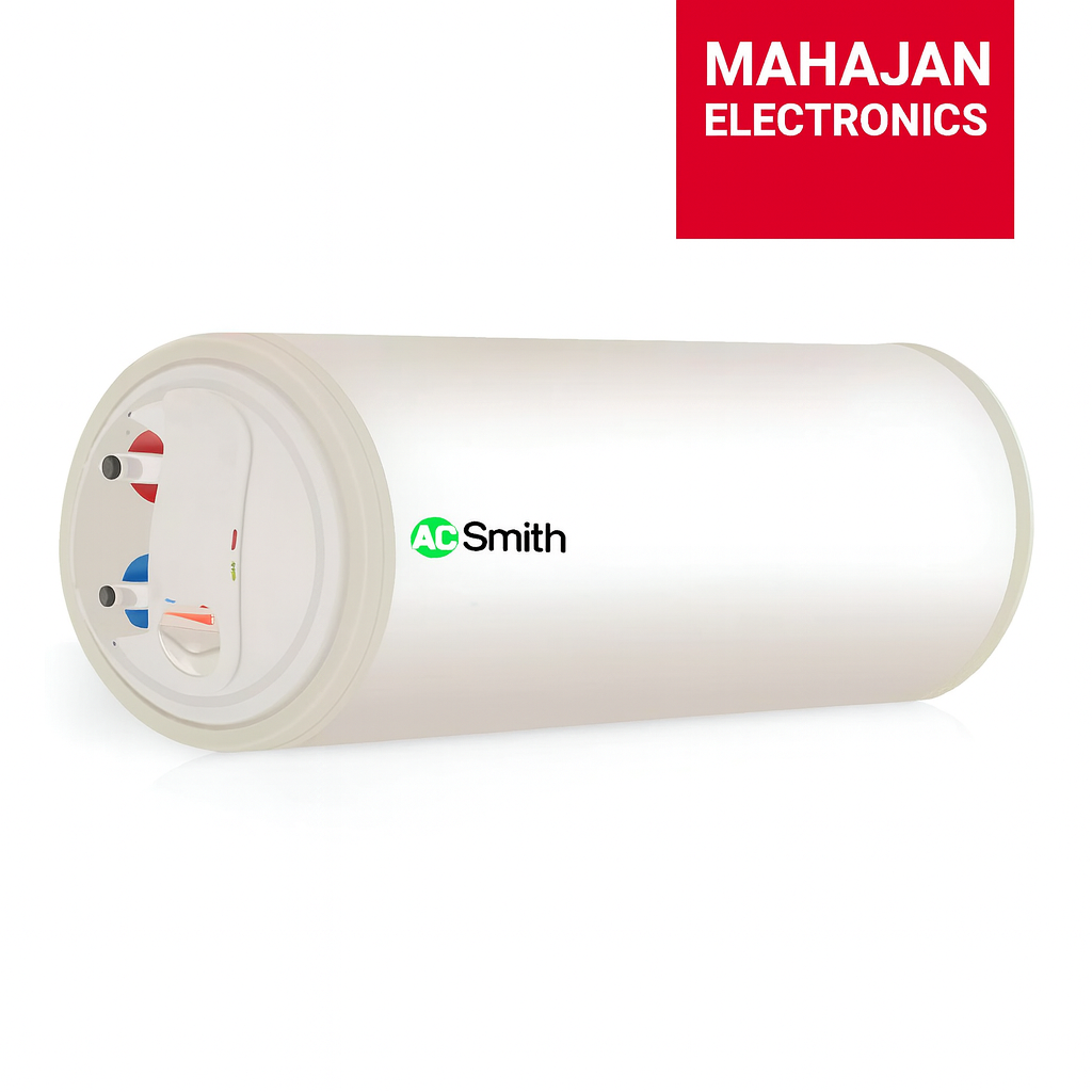 White cylindrical water heater with G. Smith logo and Mahajan Electronics logo above on a white background