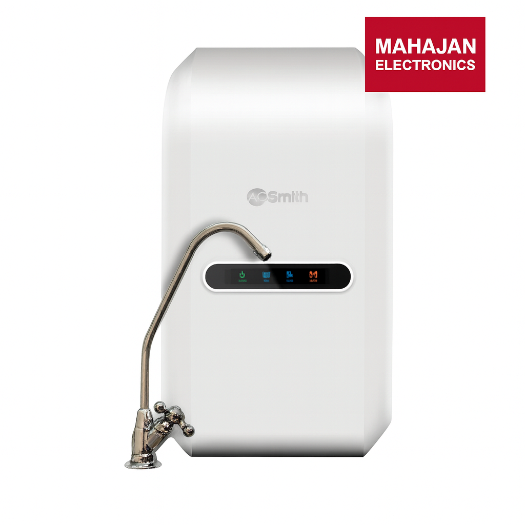 White water purifier with a faucet on a white background, featuring the Smith and Mahajan Electronics logos.