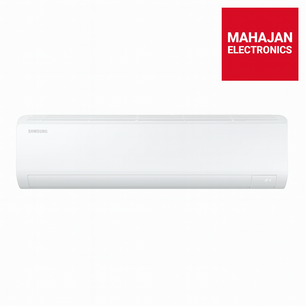 White air conditioner with Samsung logo on a white background, featuring Mahajan Electronics branding.