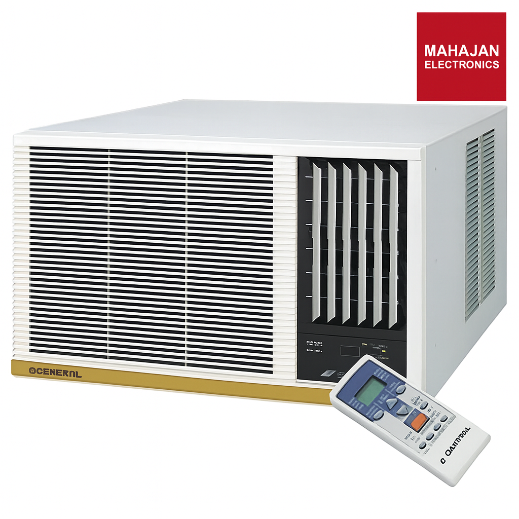Window air conditioner with remote control on a white background, featuring the Mahajan Electronics brand.