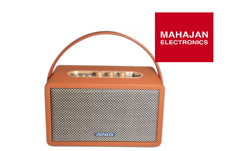 Brown portable speaker with handle and Mahajan Electronics logo on a white background