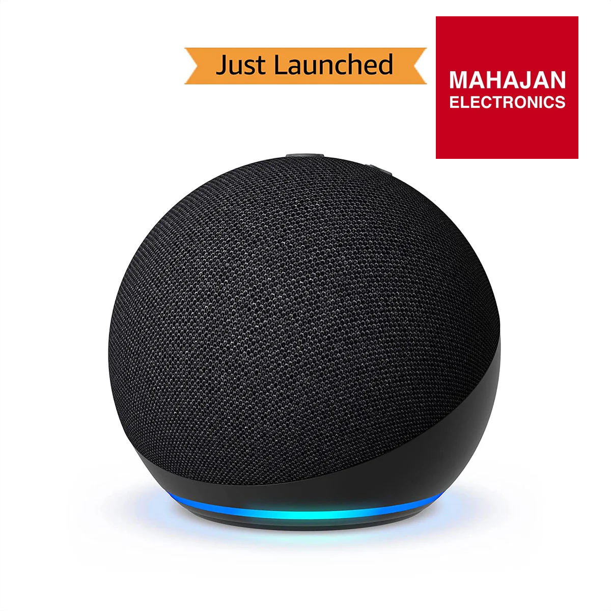 Black smart speaker with a blue light on a white background, branded with Mahajan Electronics.