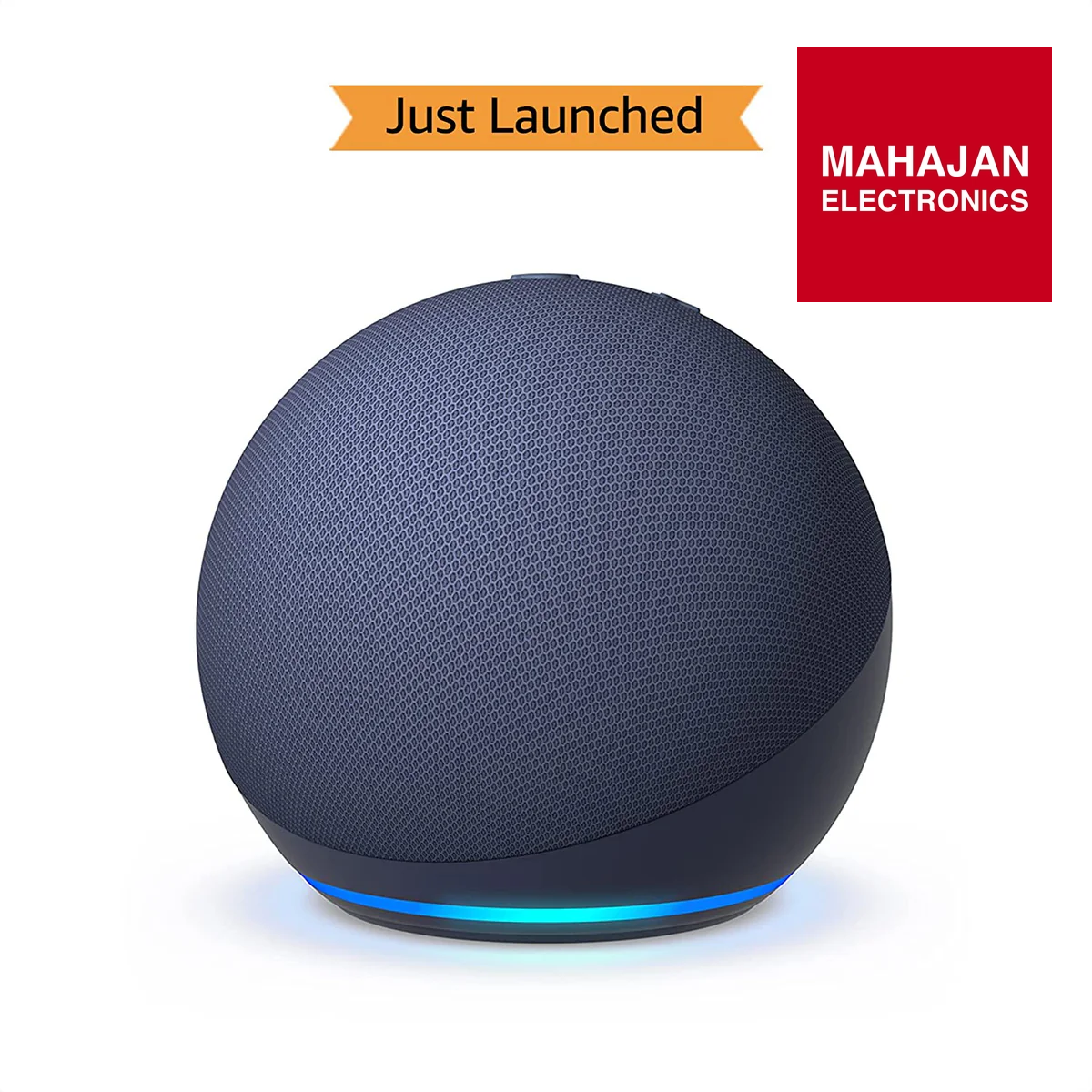 Smart speaker with 'Just Launched' banner and Mahajan Electronics logo on a white background