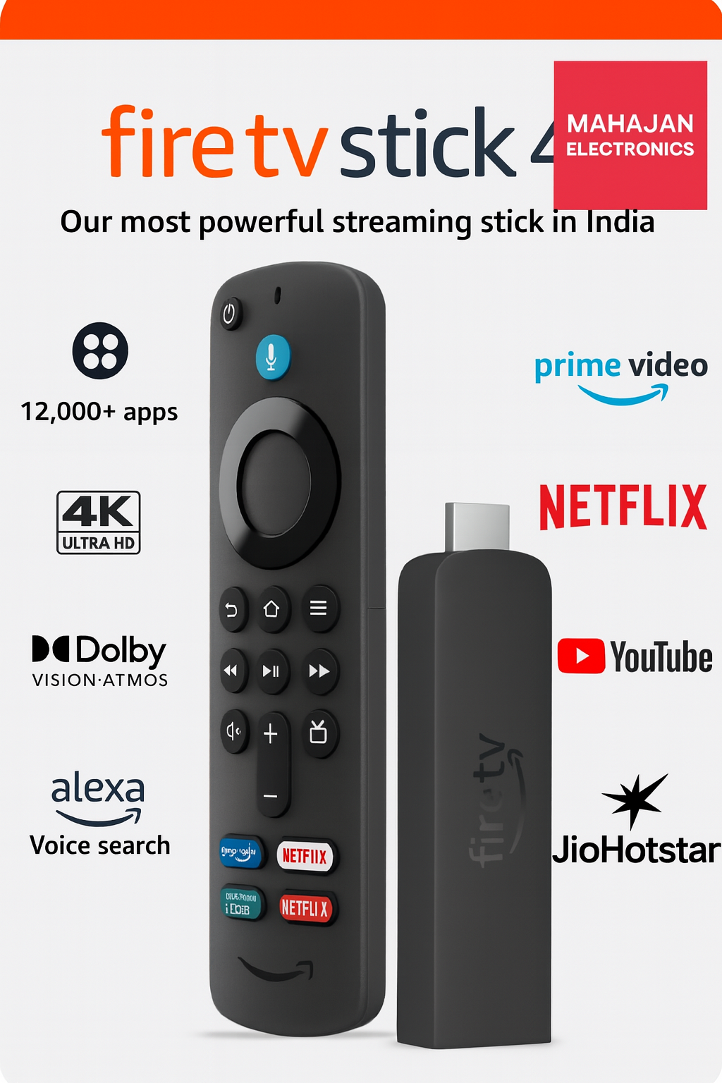 Fire TV Stick with remote and Mahajan Electronics branding on a white background