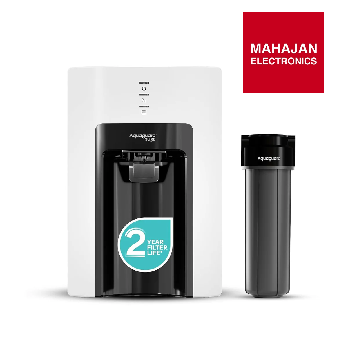 Black water filter with white box and Aquaguard branding, featuring Mahajan Electronics logo.