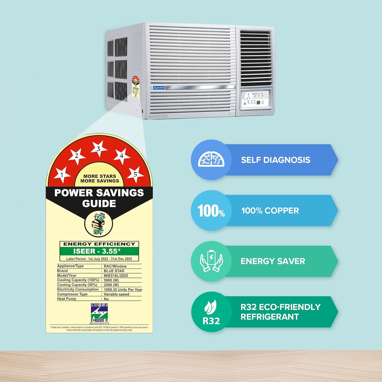 Blue Star WIE518L 1.5 Ton 5 Star Inverter Window AC | 5-in-1 Convertible Cooling | Copper Condenser | Turbo Cool | Dry Mode | R32 Refrigerant Bluestar