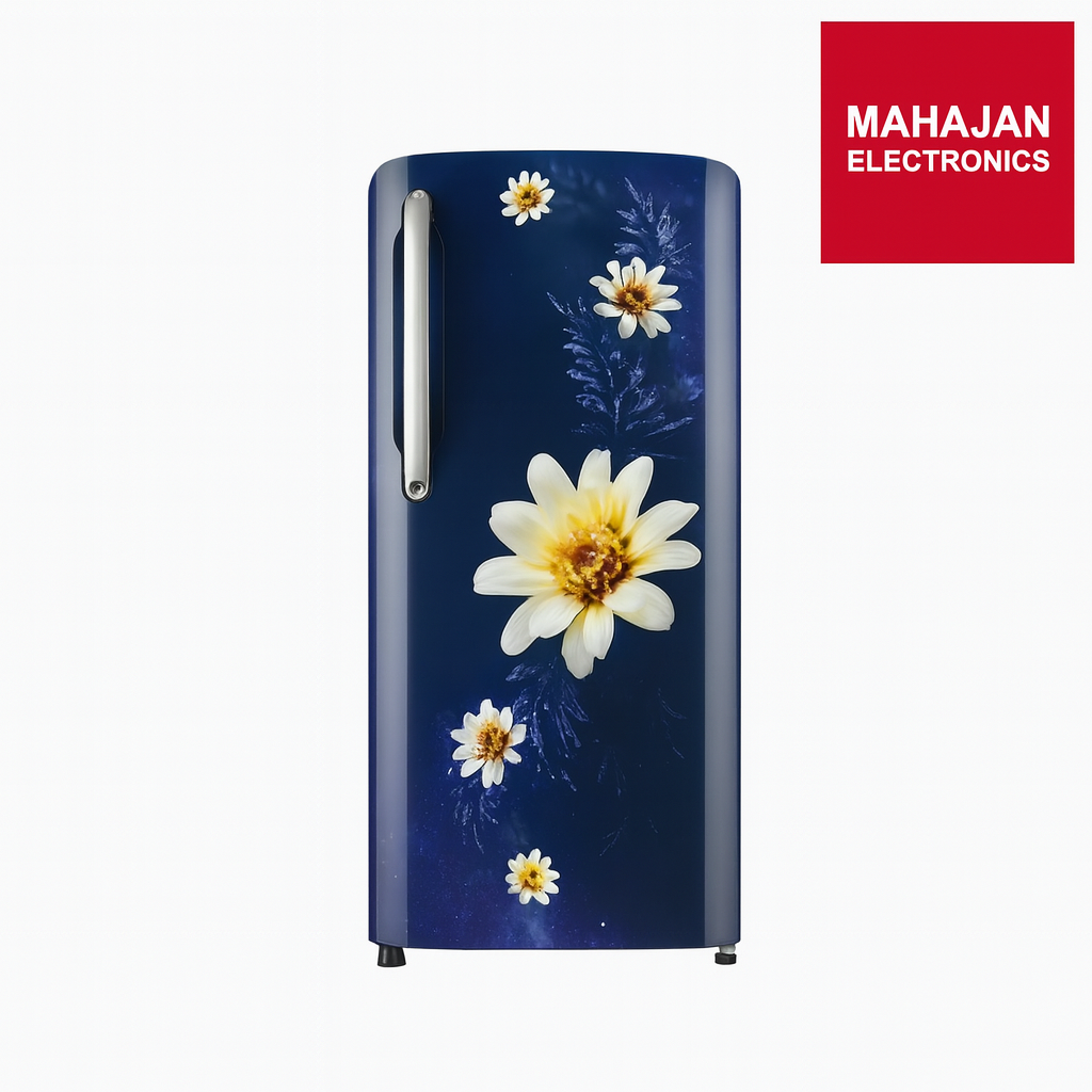 Blue refrigerator with floral design on a white background, featuring the Mahajan Electronics logo.