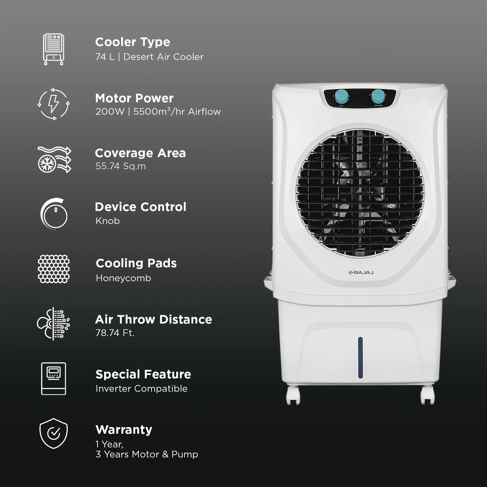 Bajaj BAJAJ SHEILD CHISEL 74L Desert Air Cooler | 78 Ft Air Throw | Hexacool Technology | Inverter Compatible | Honeycomb Pads | 600 Sq. Ft. Coverage-Online Mahajan Electronics