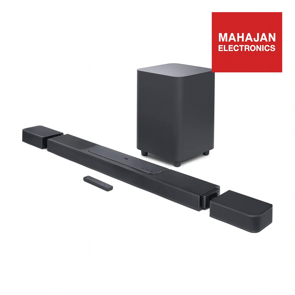 Black soundbar with subwoofer and remote on a white background, featuring Mahajan Electronics logo.
