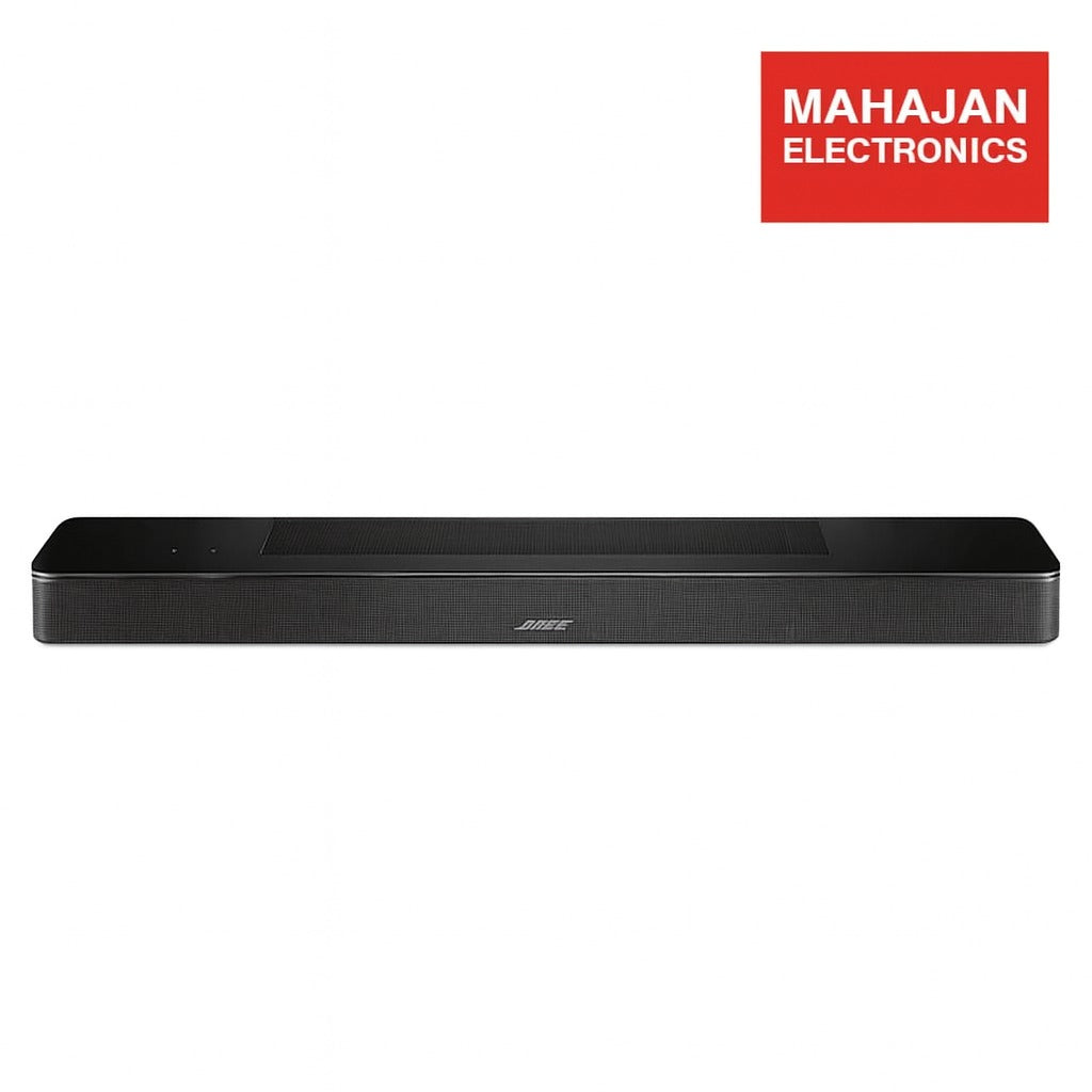 Black Bose soundbar with Mahajan Electronics logo on a white background