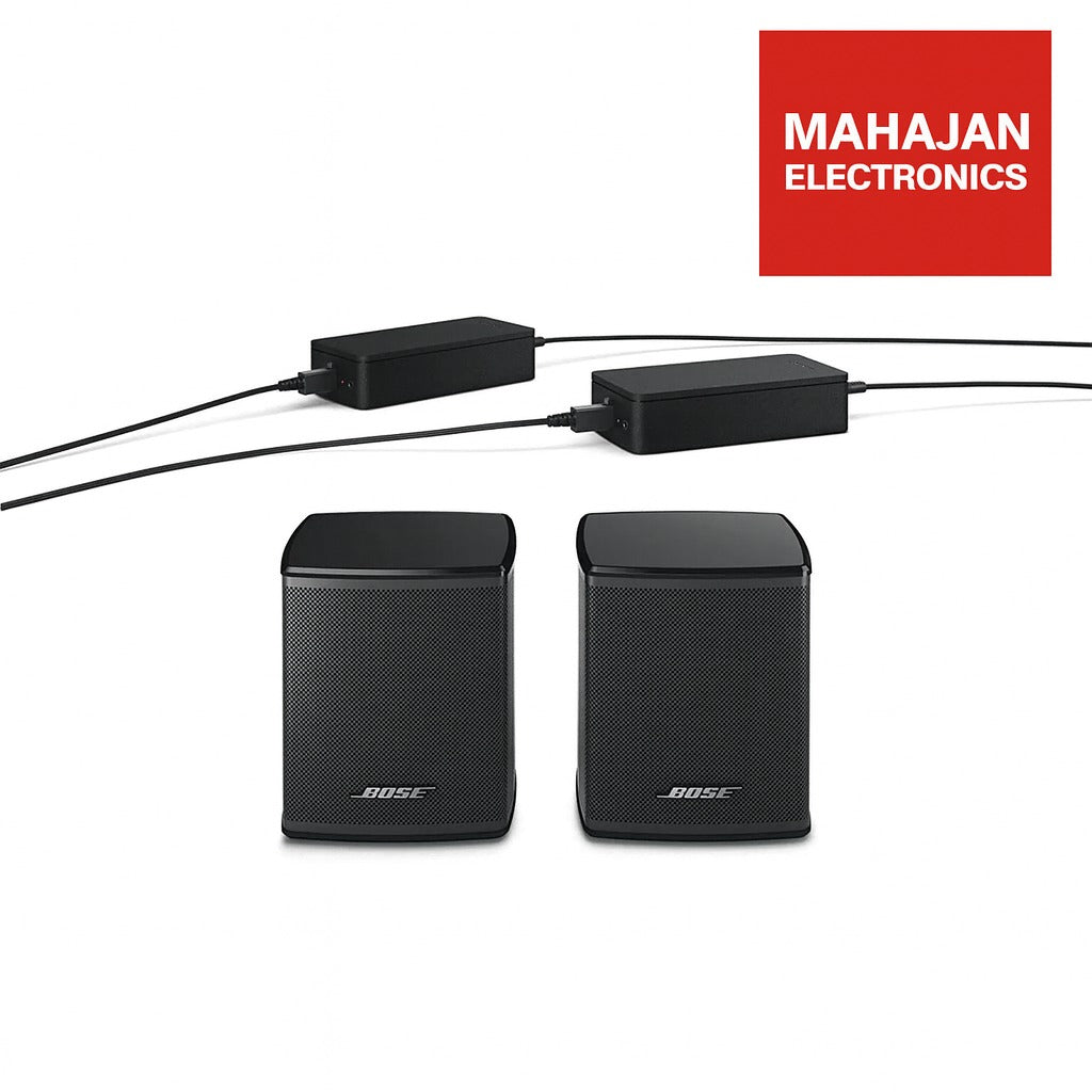Two black Bose speakers with a cable and MAHAJAN ELECTRONICS logo on a white background