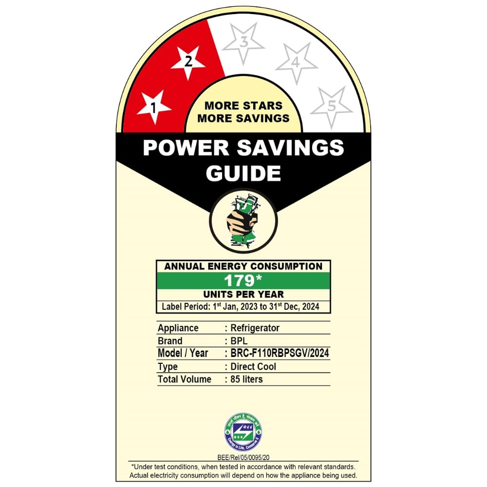 Power Savings Guide label for a refrigerator with energy consumption details.