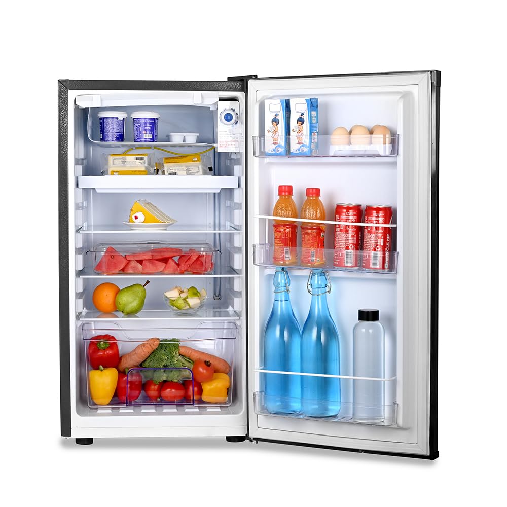 Open refrigerator with various food items and drinks on a white background