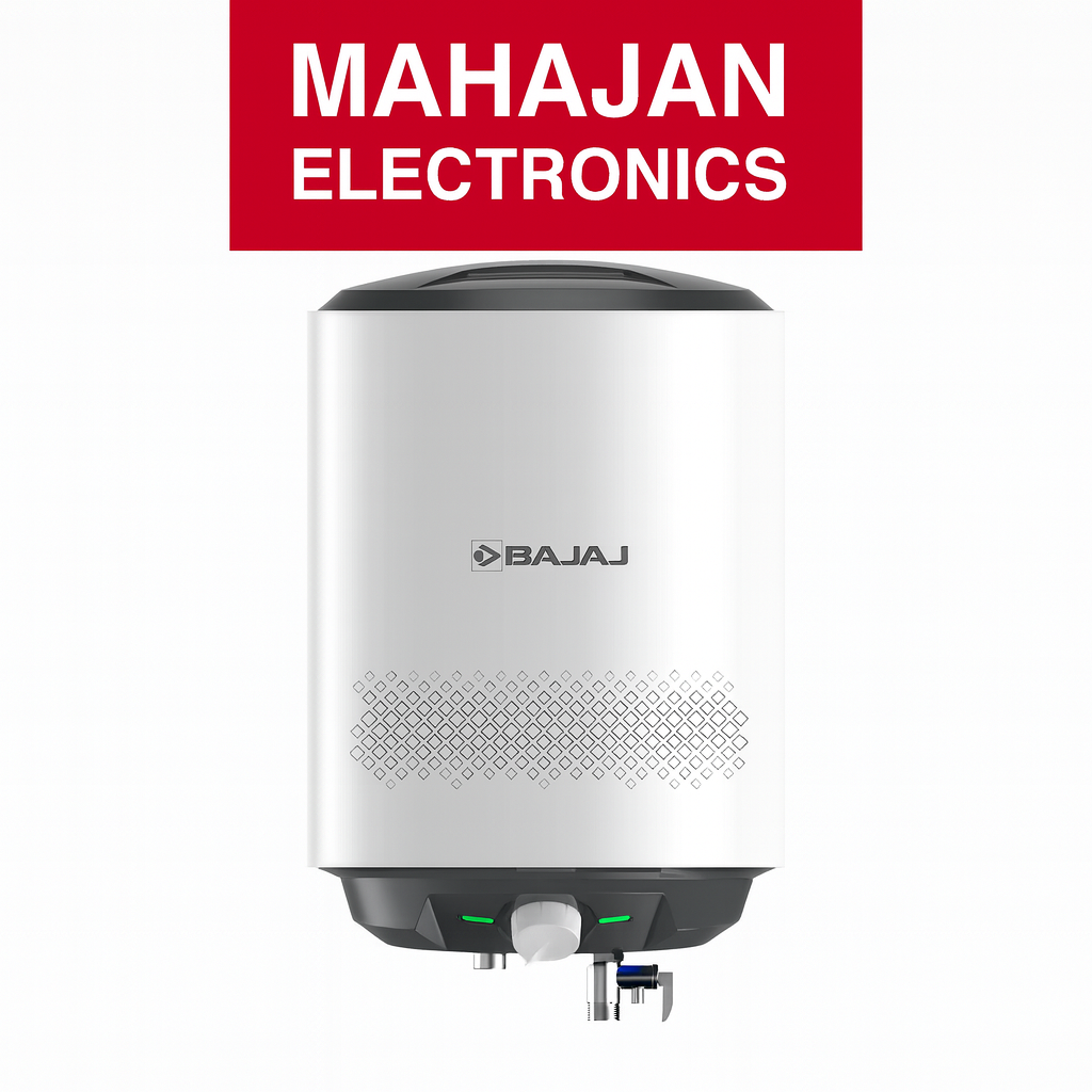Bajaj water heater with Mahajan Electronics logo on a white background