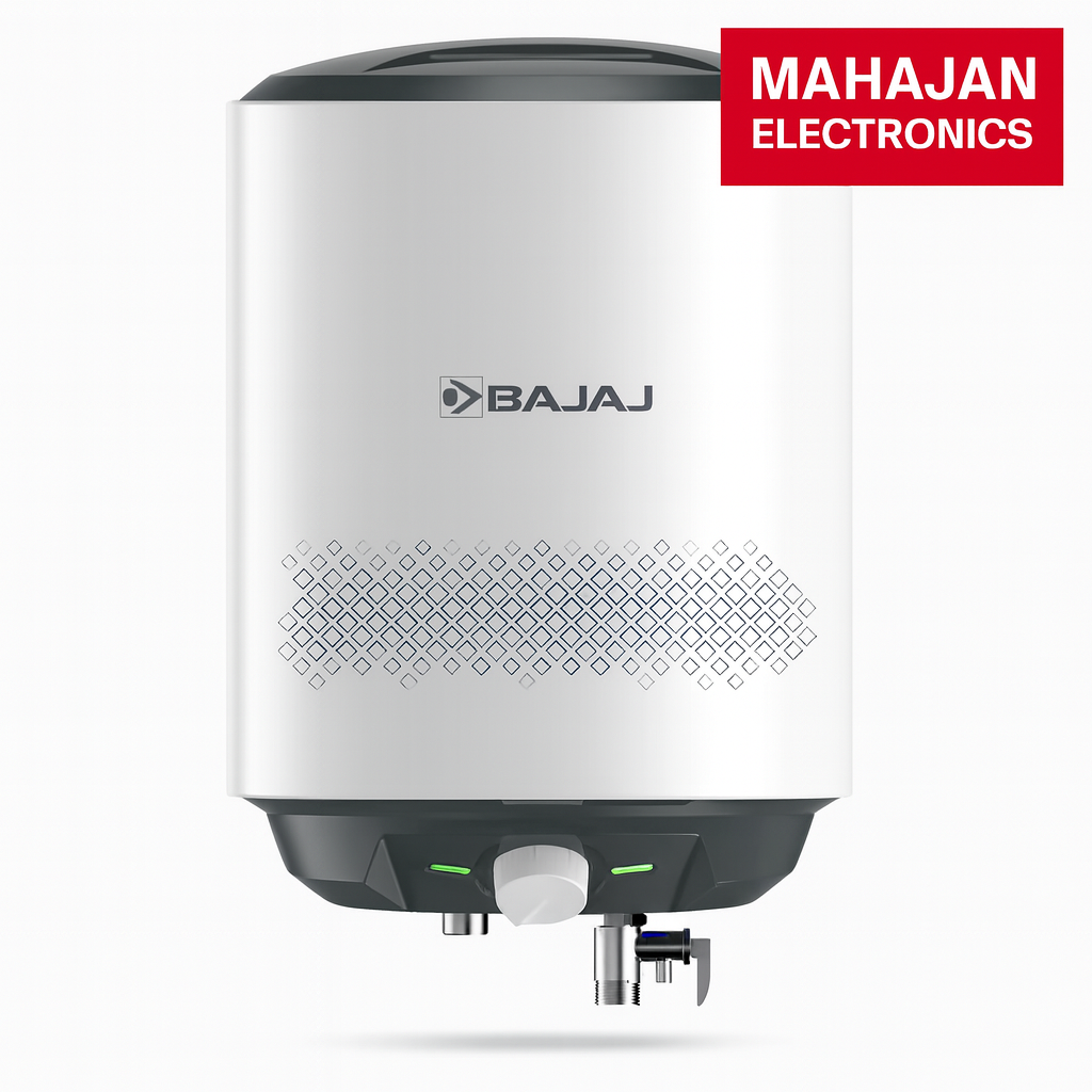 Bajaj water heater with Mahajan Electronics logo on a white background