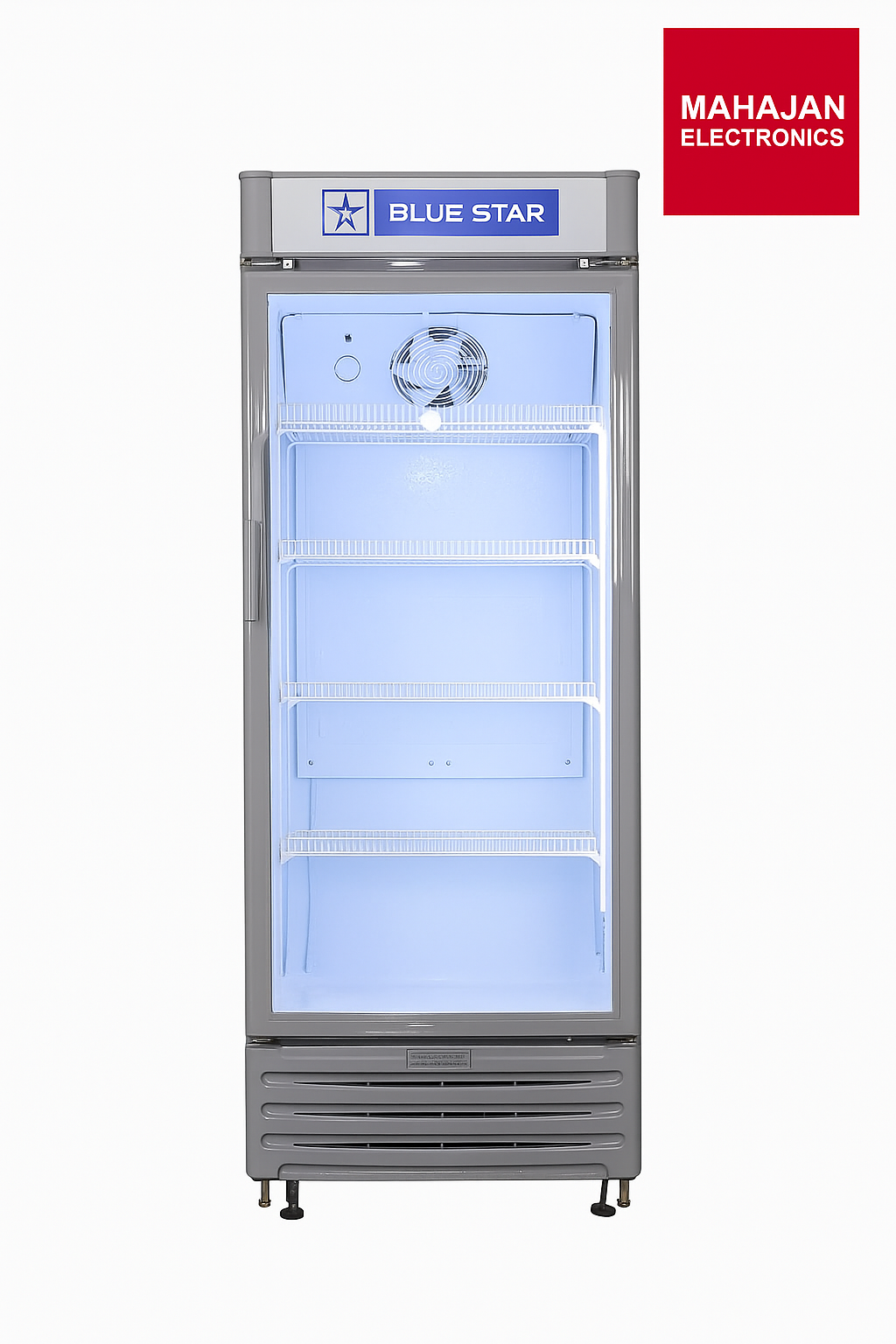 Blue Star refrigerator with Mahajan Electronics logo on a white background – Mahajan Electronics Online.
