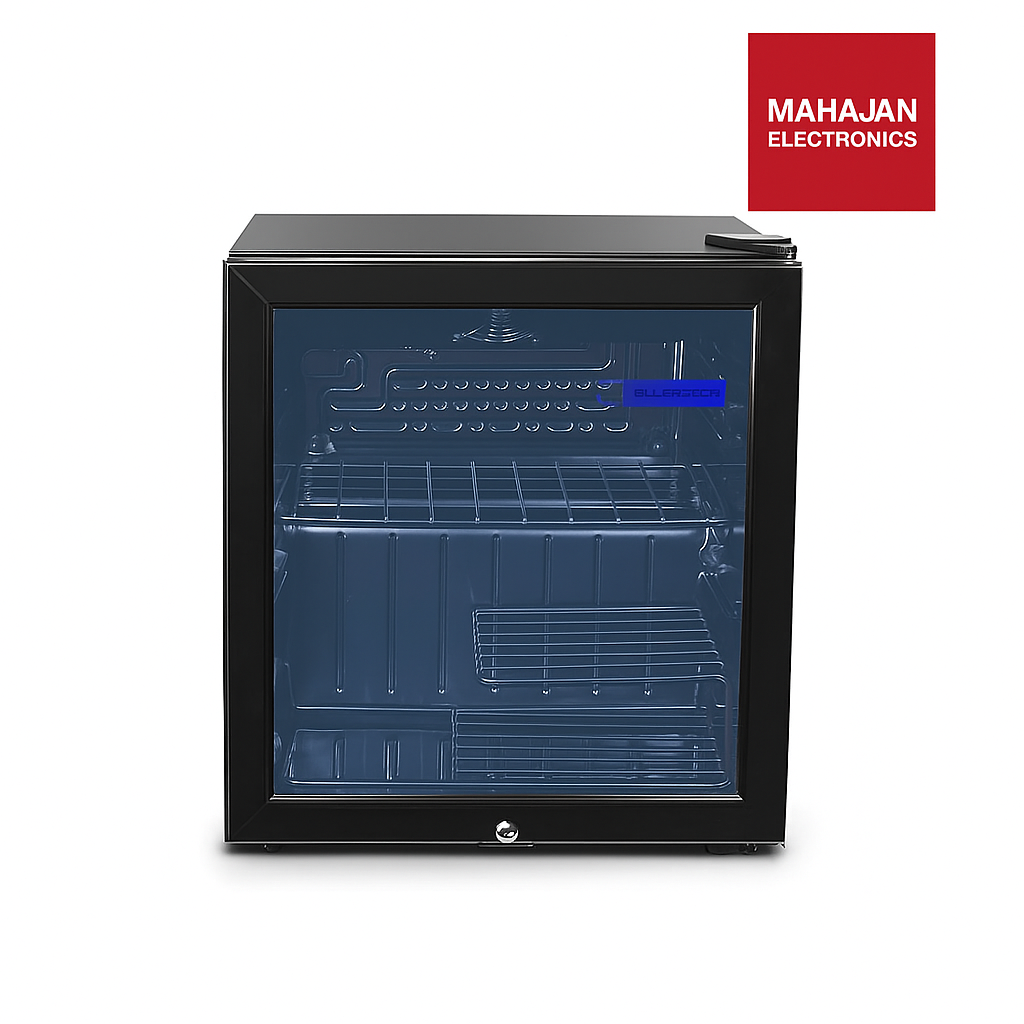 Black refrigerator with glass door on a white background, featuring the Mahajan Electronics logo.