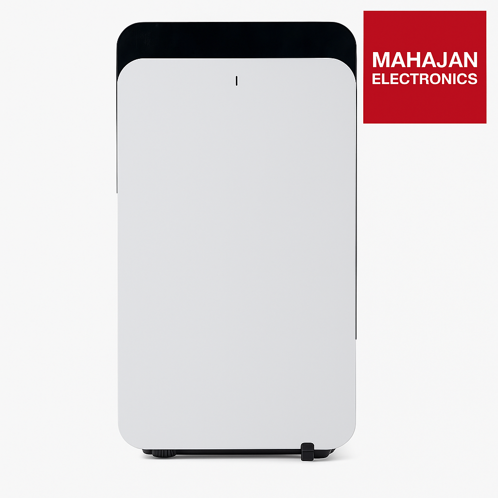 White electronic device with black top on a white background, featuring the Mahajan Electronics logo.