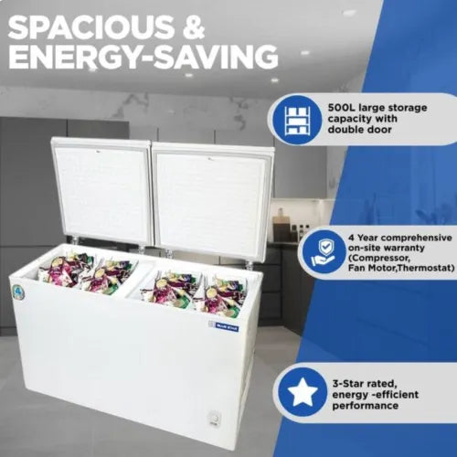 Blue Star HT2-M525 484L 2 Star convertible double-door deep freezer, white – Mahajan Electronics Online.