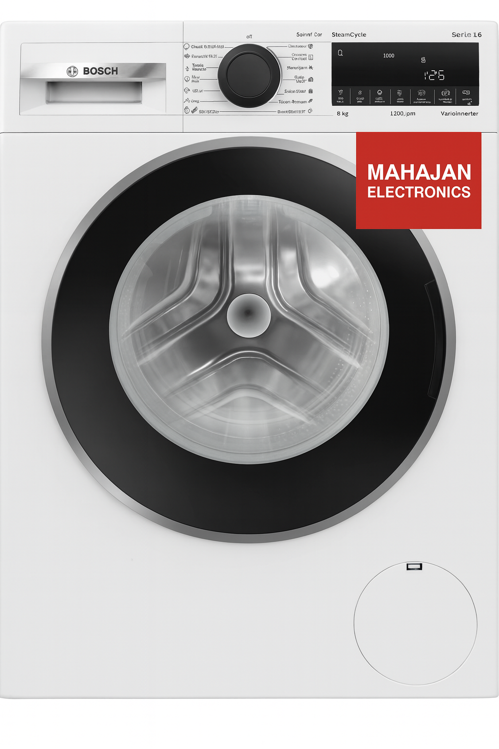 Bosch washing machine with Mahajan Electronics logo on a white background
