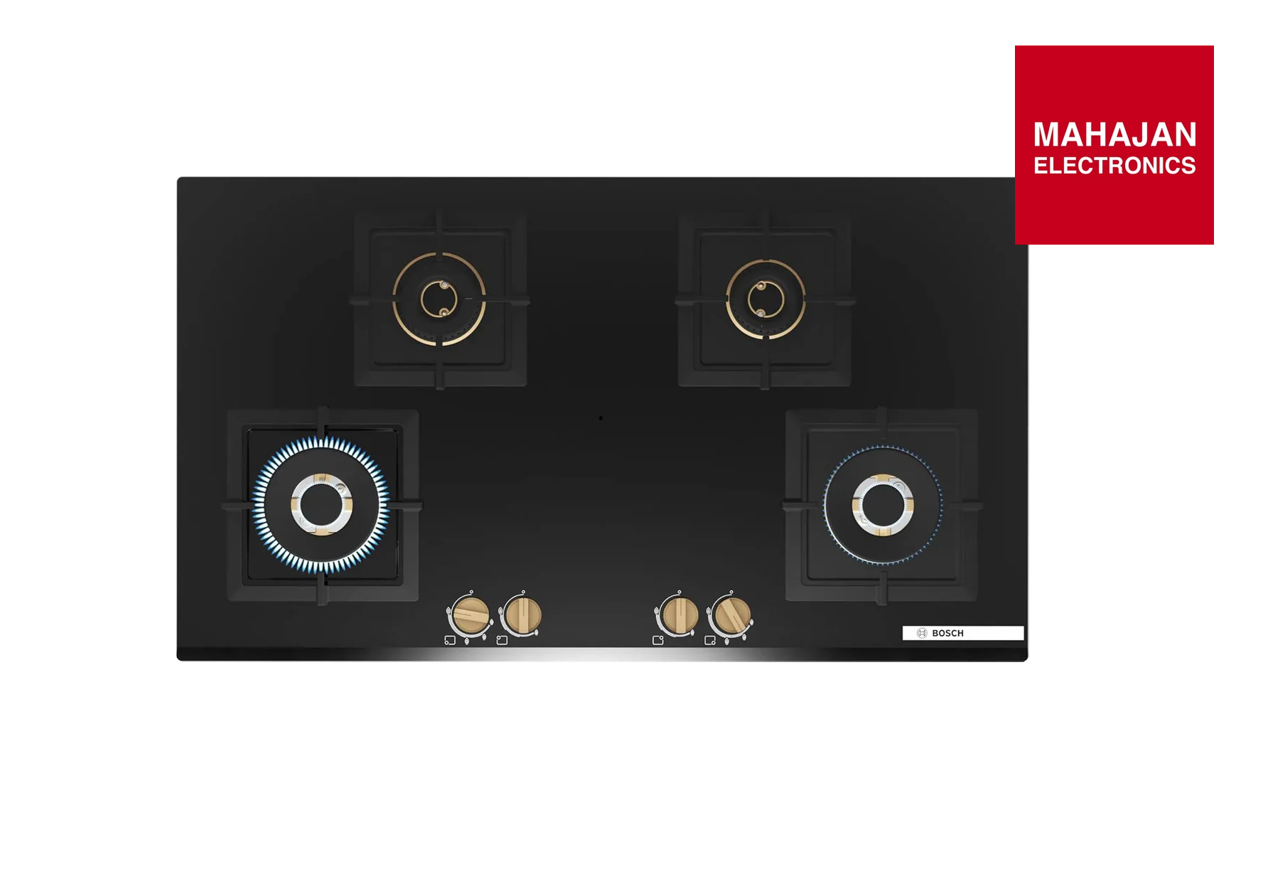 Bosch PNF9B6G20I Built in Gas Hob Black Tempered glass Glass 4 Burner Auto Ignition 90 cm Full Brass 3D Ring Burners with Matt Black Heat Shields & Cast Iron pan supports Mahajan Electronics Online