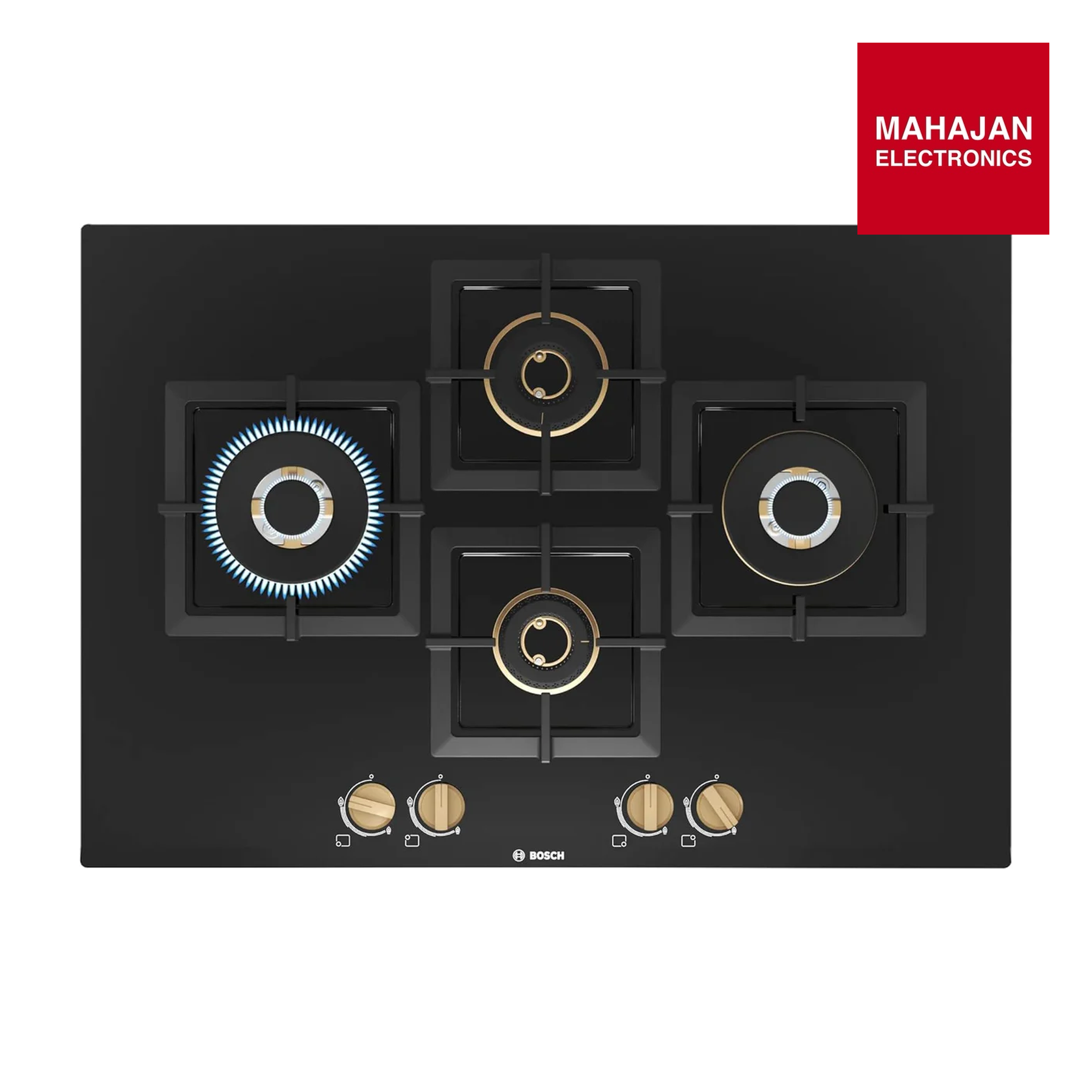 Bosch PNI7B6F20I 4 Burner Built-in Glass Gas Hob – Auto Ignition, Flame Failure Safety Device, Bevelled Tempered Glass, Stainless Steel Heat Shields, Enameled Pan Supports, Made in Spain (Black)