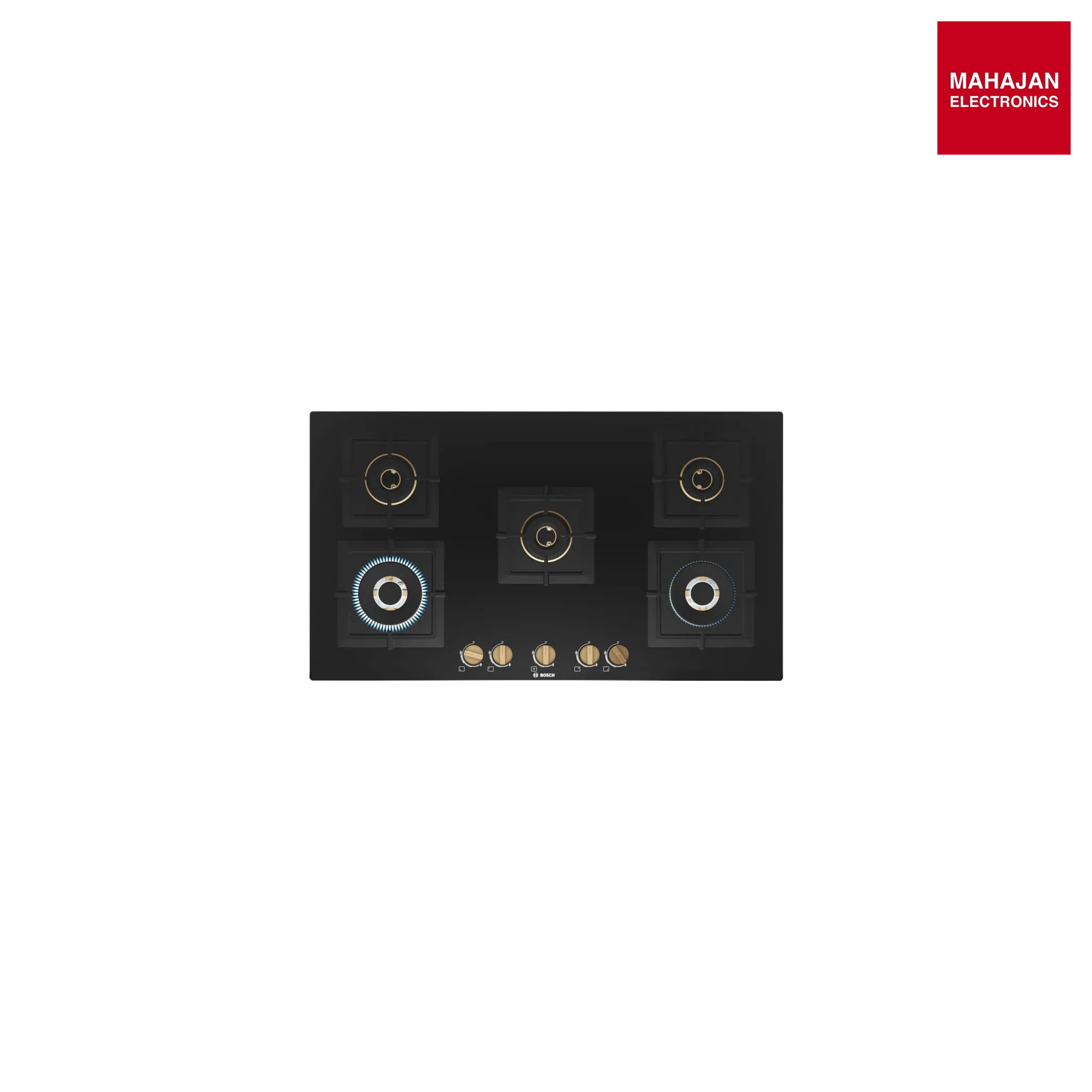 Bosch PNV9B6G20I Built in Gas Hob Black Tempered glass Glass 5 Burner Auto Ignition 90 cm Full Brass 3D Ring Burners with Matt Black Heat Shields & Cast Iron pan supports - Mahajan Electronics Online