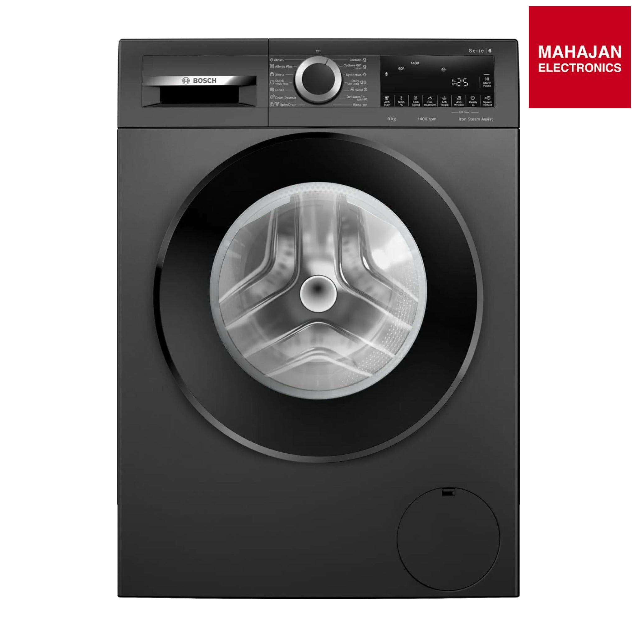 Bosch WGA244ZTIN 9kg 5 Star Anti Wrinkle & Steam Care Fully Automatic Front Load Washing Machine with Built in Heater (, Black Grey-Online Mahajan Electronics