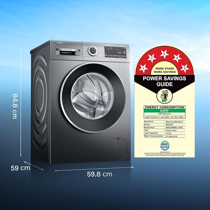 Bosch WGA254IRIN 10 kg 5 Star Front Load Fully Automatic Washing Machine, AI ActiveWater, Automated Dosing of Detergent(ADOS),Inbuilt heater,14 Wash Programs,60L Large Drum,Cast Iron Grey,(2026 model)-Online Mahajan Electronics