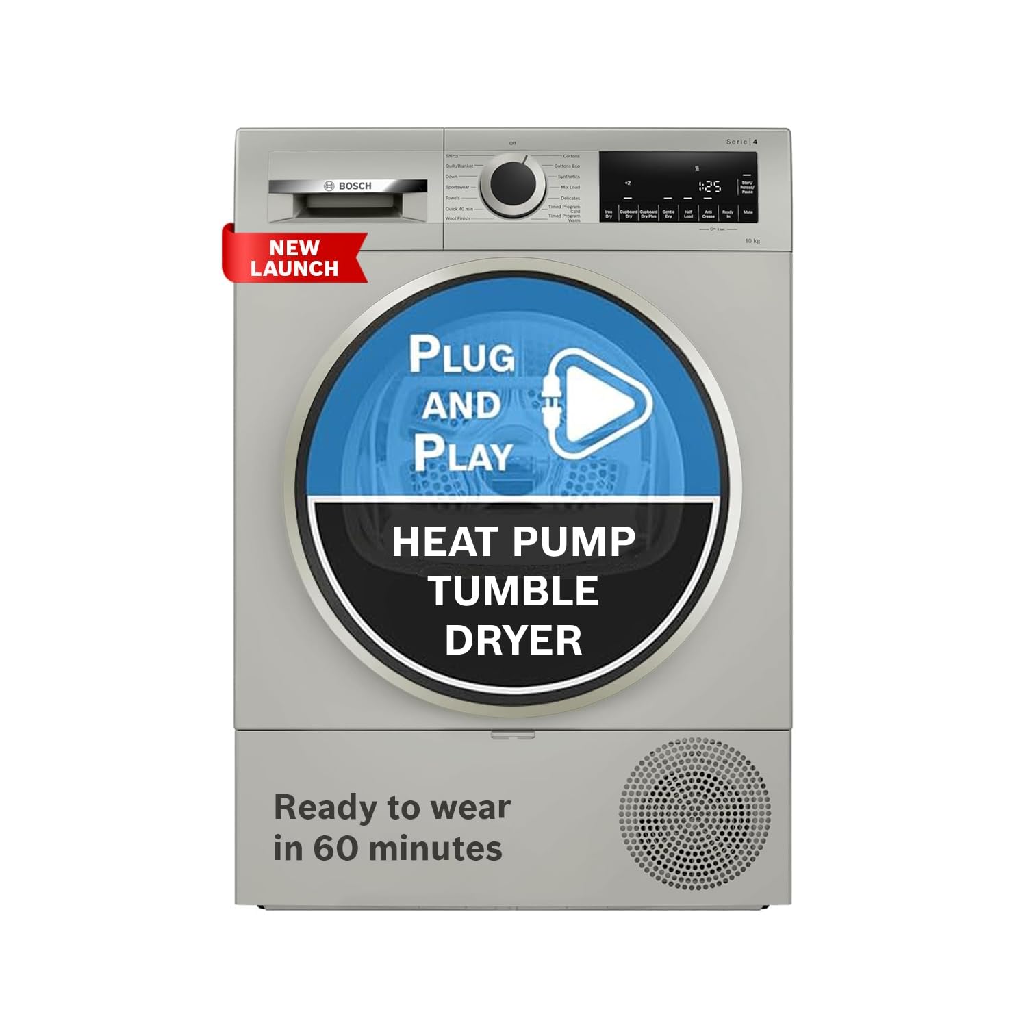 Bosch WQG2520XIN 10 kg Fully Automatic Front Load heat Pump Tumble Dryer | 100% Drying, 0% Effort | 5 Drying Options | Reduces 99.9% Allergens | Ready-to-Wear No Crease (2026 model, Silver Inox)-Online Mahajan Electronics