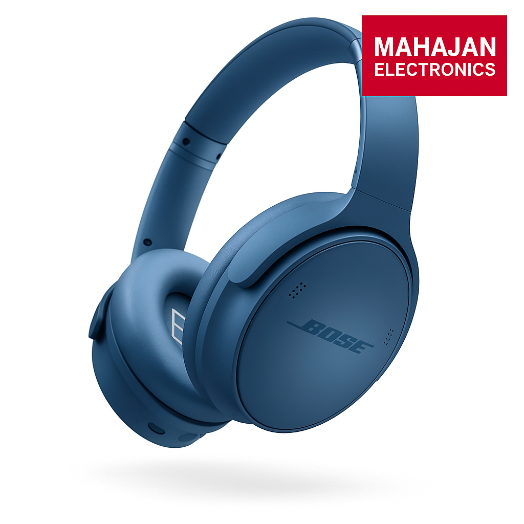 Blue Bose headphones with Mahajan Electronics logo on a white background