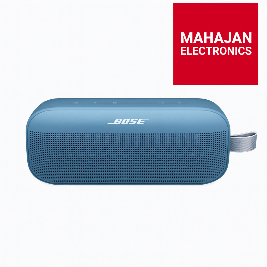 Blue Bose speaker with Mahajan Electronics logo on a white background