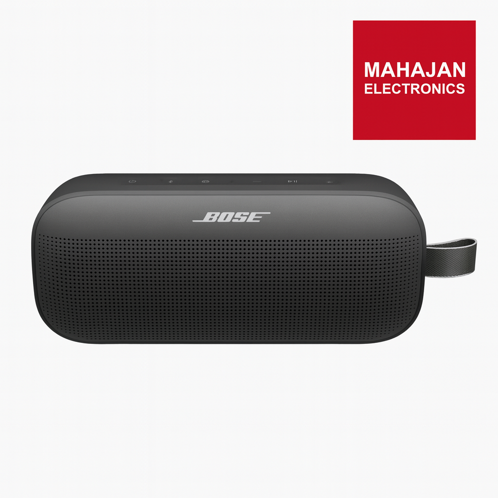 Black Bose speaker with Mahajan Electronics logo on a white background