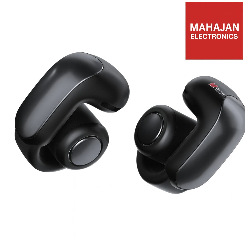 Black wireless earbuds with Mahajan Electronics logo on a white background