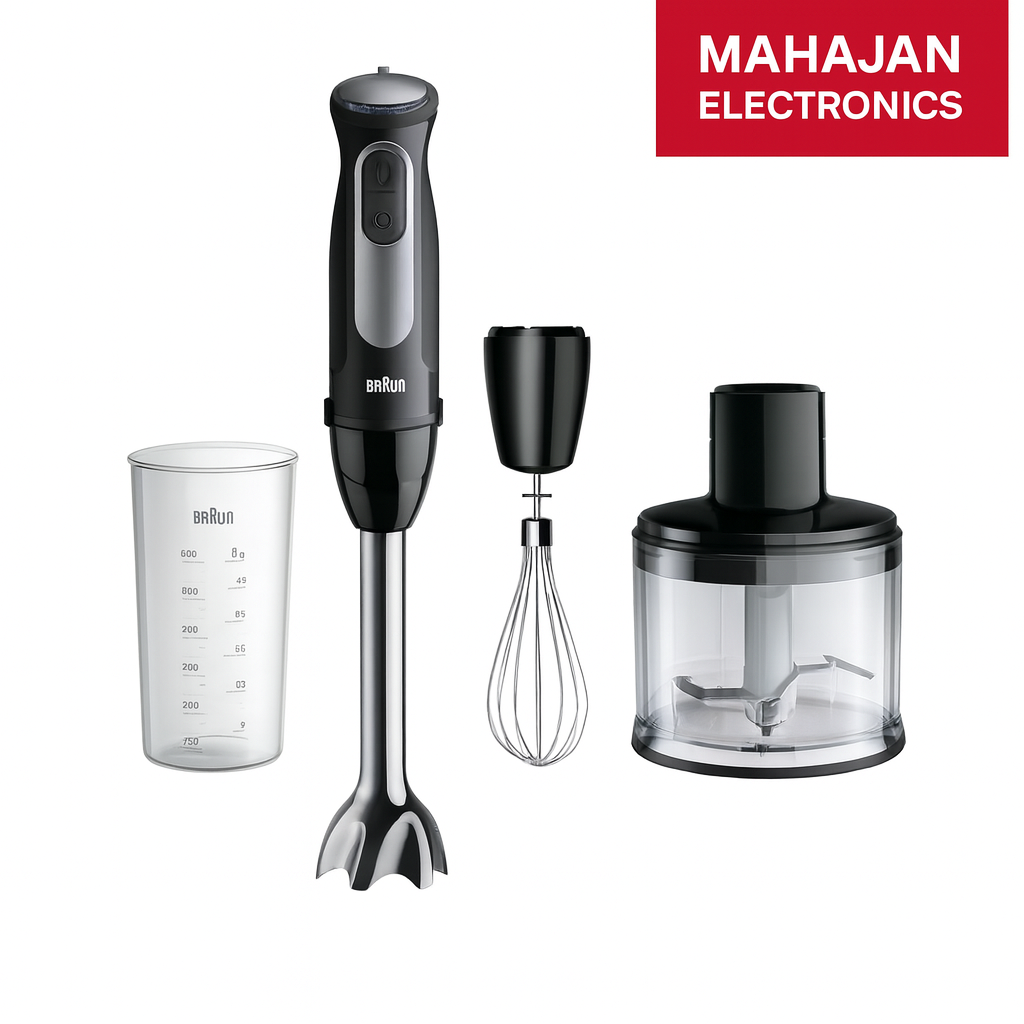 Braun hand blender set with attachments on a white background, featuring the Mahajan Electronics logo.