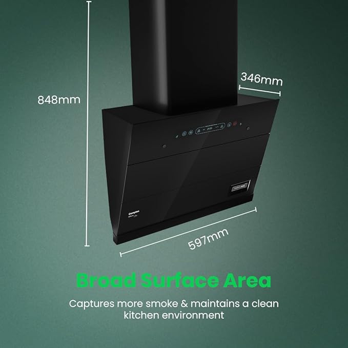 Crompton CHD-AQI60FLE-IND, Black AQNova BLDC 1800m3/hr 60cm Slant Chimney|AirIQ technology|Adaptive suction| Intelligent Autoclean|Touch+Motion Sensor|15Yrs Motor & 4Yrs Overall Warranty | Mahajan Electronics Delhi NCR