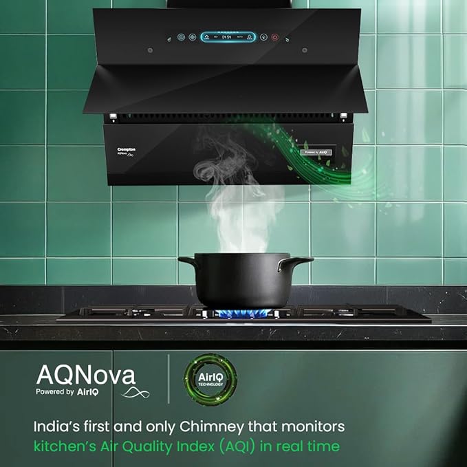 Crompton CHD-AQI90FLE-IND, Black AQNova BLDC 1800m3/hr 90cm Slant Chimney|AirIQ technology|Adaptive suction| Intelligent Autoclean|Touch+Motion Sensor|15Yrs Motor & 4Yrs Overall Warranty Mahajan Electronics Online