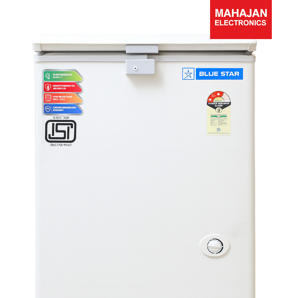 White refrigerator with various labels and logos on a white background