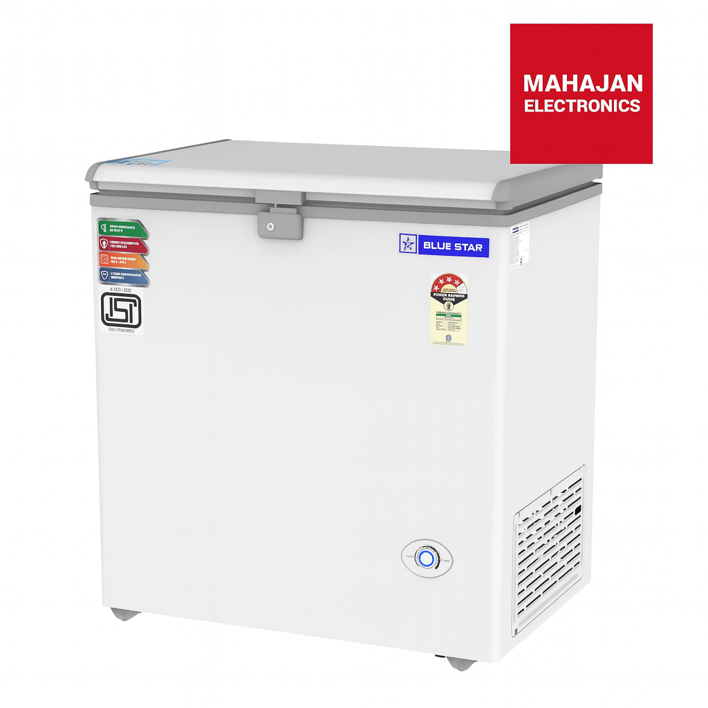White freezer with Blue Star and Mahajan Electronics logos on a white background