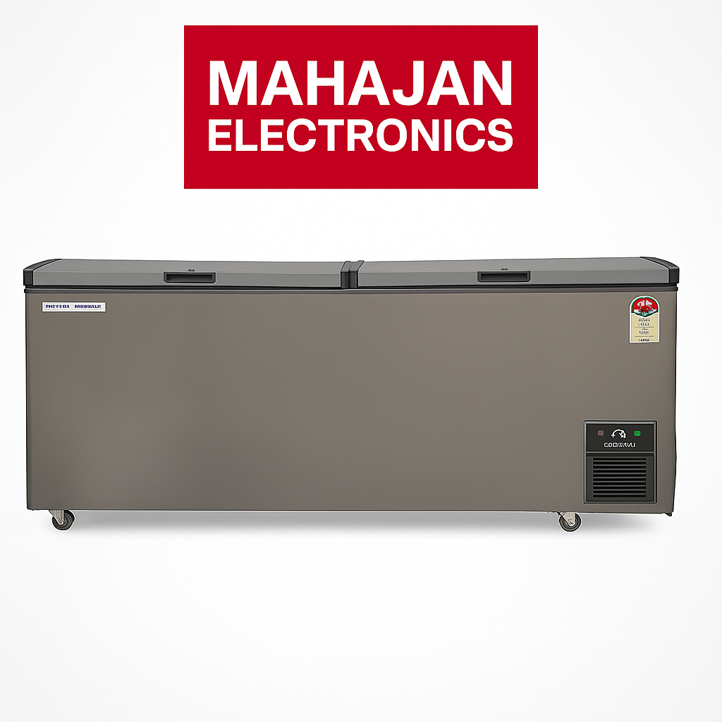 Large freezer with Mahajan Electronics logo above it on a white background