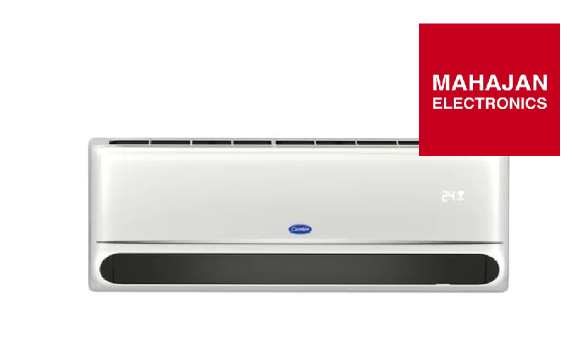 White air conditioner with Mahajan Electronics logo on a white background